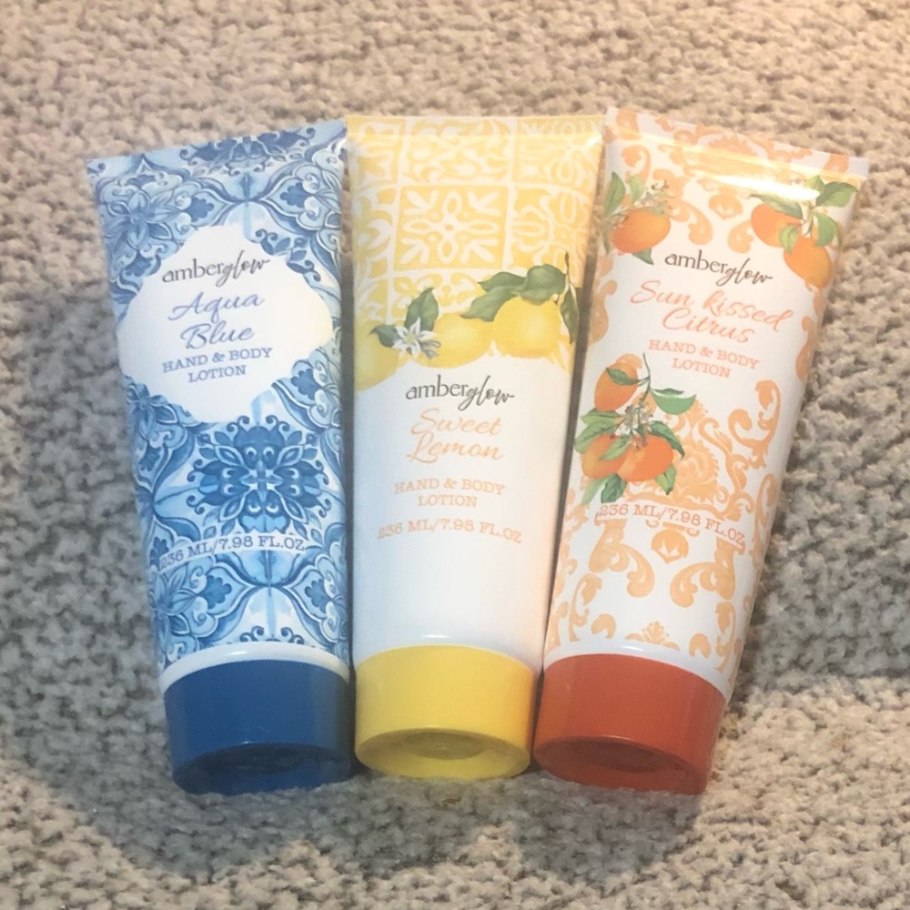 Amber Glow Hand & Body Lotion Aqua Blue, Sweet Lemon & Sun Kissed Citrus Set (3)